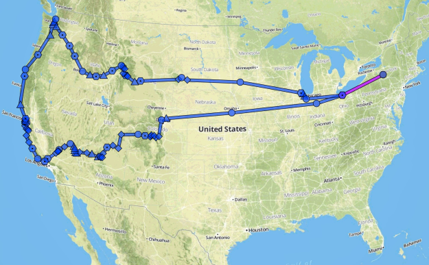 Our planned route takes us clockwise around the western U.S., covering 5,533 nautical miles in just under 40 hours of f